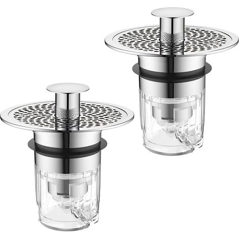 Set mit 2 universellen Pop-Up-Waschbeckenstöpseln (32 bis 40 mm) – mit Verstopfungsschutzsieb – verchromter Messing-Ablaufstopfen (1/5)