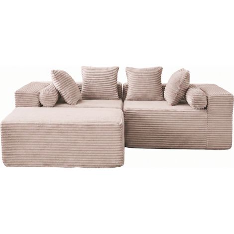 Sofá modular de 3 plazas en L con chaise longue, tela de chenilla beige, HOMVRA (1/5)