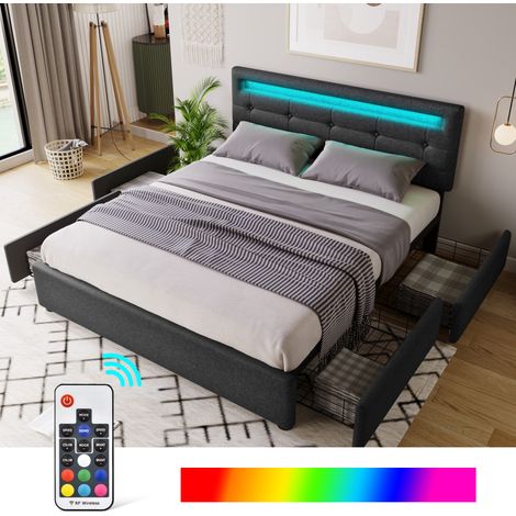 Cama tapizada 140x200 cm de tejido negro con LED y 4 cajones, para guardar, sin colchón – MEUBLIV (1/5)