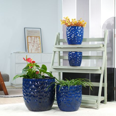 Set di 4 vasi da fiori Ø38/30/22,5/18 cm in ceramica blu notte con drenaggio per balcone (1/5)