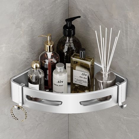 Étagère d'angle murale en aluminium (argent mat) avec panier triangulaire pour salle de bain et douche. (1/5)