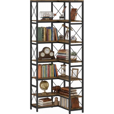 Homcom – Étagère d'angle 6 niveaux – Structure métal et panneaux de particules – Charge max 70 kg – Dimensions 60x60x200 cm – Finition bois brun rustique