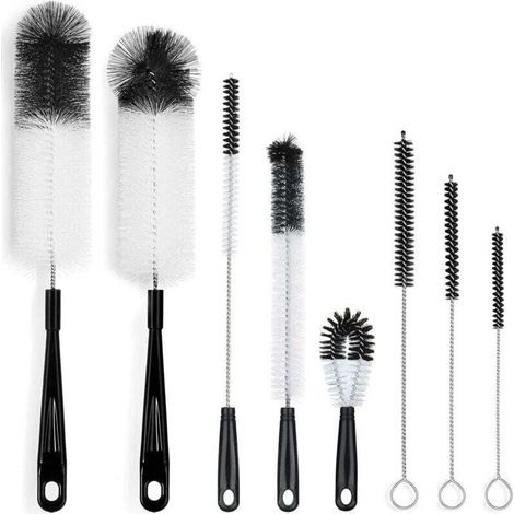 Goupillon [Lot de 8] - Brosse de nettoyage longue pour pailles, biberons, bouteilles d'eau, bouteilles de bière, thermos - Noir-Crezuo