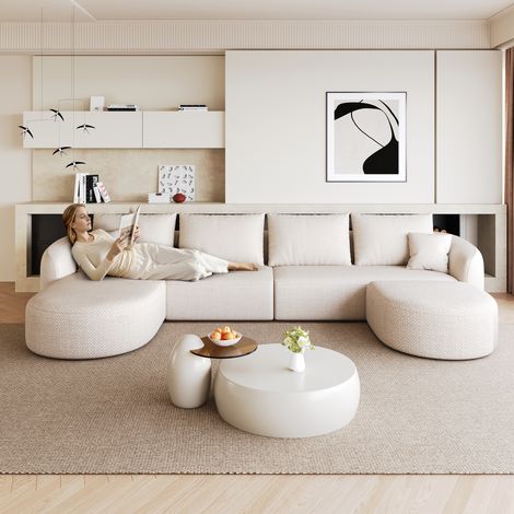 Divano angolare a forma di U da 336 cm, divani in schiuma compressa, divano modulare senza ossa, divani compressi per soggiorno, camera da letto, appartamento, senza montaggio richiesto, bianco (1/5)