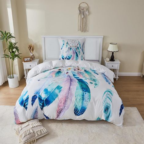 Bettbezug 140 x 200 cm – Einzelbettgröße – Mikrofaser – 3D-Traumfänger-Muster – mit Kissenbezug – Blau und Weiß (1/5)