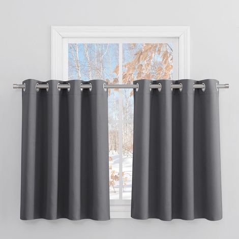Rideauxs Occultant - Court Rideau Thermique Unicolore Petit Draperies à Oeillets Lumineux Bloquer Anti-Bruit pour Cuisine Chambre, L 132 x H 90 cm, Gris, 2 Pièces (1/5)
