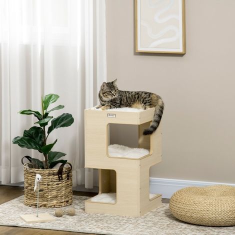 Caseta para gato de 2 niveles con juguete, 34 x 34 x 60 cm, natural y gris claro DESVIAE (1/5)