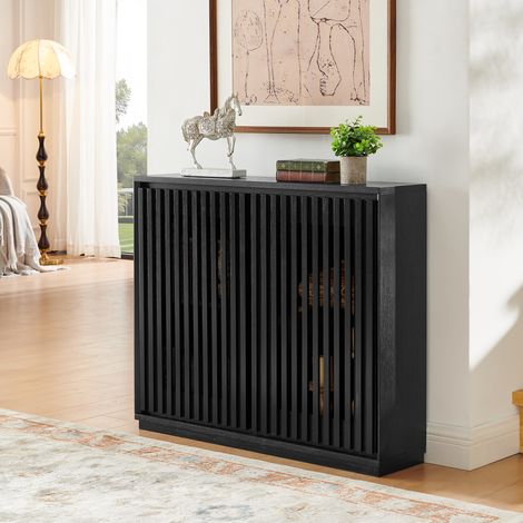 Buffet moderne du milieu du siècle, à panneaux cannelés et ajourés, avec 2 ouvertures pour prises électriques, meuble de rangement en noyer pour salon, entrée, couloir, salle à manger (1/4)