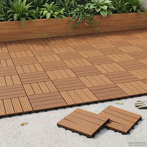 Lot de 11 dalles de terrasse marron 30 x 30 cm en WPC, aspect bois, emboîtables, usage intérieur et extérieur (1/5)
