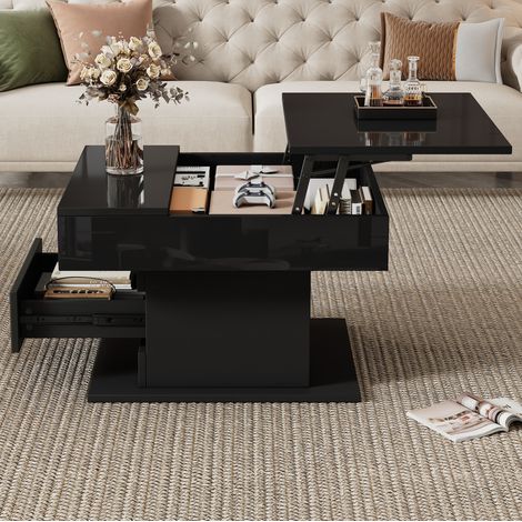 Couchtisch 70x70x45 cm schwarz, höhenverstellbare 360° drehbare Platte, 1 Schublade, MEUBLIV (1/5)