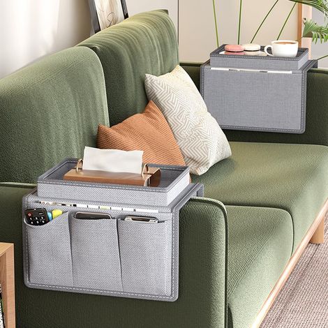 Plateau de rangement pour accoudoir canapé avec support téléphone et télécommande - Organisation salon pratique - Design gris moderne (1/5)