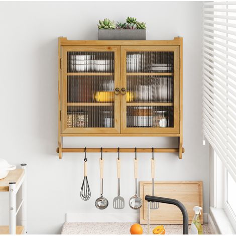 Armoire murale en bois massif et MDF naturel, portes en verre rainuré, 63 x 18 x 60 cm, 3 niveaux de rangement (1/5)