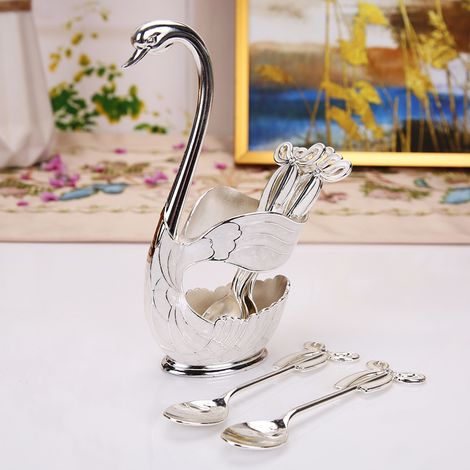 Set porta cucchiaini da caffè, set di cucchiai da dessert, cucchiaio da torta, cucchiaio da gelato, set di stoviglie, elegante design ad arco, base a cigno, superficie lucida (argento bianco) (1/5)