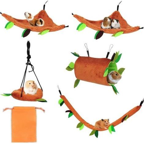 Guinea Pig Toy 5-Piece Set - Hamster Hammock - Small Animal Bed - Forest Theme Jungle Nesting Accessories - Ferret Cage Toy - Rodent (Mice, Small Mouse, Chinchilla) Hammock Tunnel (1/3)