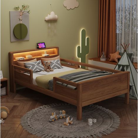 Kinderbett 90x200 cm Naturholz aus Kiefer mit LED-Leuchte, USB-C-Ladeanschluss, Ablagefach und Gitterdesign (1/5)