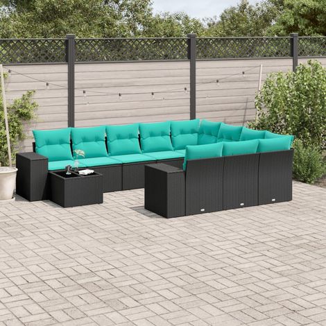 Salon de jardin modulable 11 pièces en résine tressée noire avec coussins bleus, 90.42kg - PANGIVO (1/5)