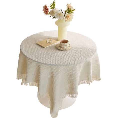 Nappe ronde en coton et lin, résistante aux taches, avec pompons, lavable en machine, 130 x 130 cm, 1 pièce (1/4)