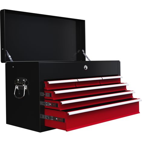 Mallette à outils 6 tiroirs en acier avec serrure, noir et rouge, 60x26x34cm