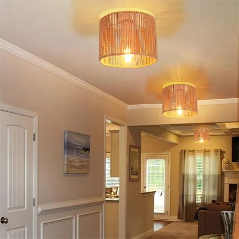 3x Plafonnier Industriel,20cm Lampe de Plafond Vintage en Rotin et Métal E27 Luminaire Design Cylindrique pour Salon Chambre (1/5)