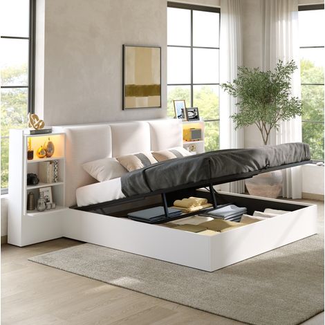 Lit coffre adulte bois 180x200 cm avec LED, rangement hydraulique et 6 niches, tête de lit rembourrée, blanc (1/5)