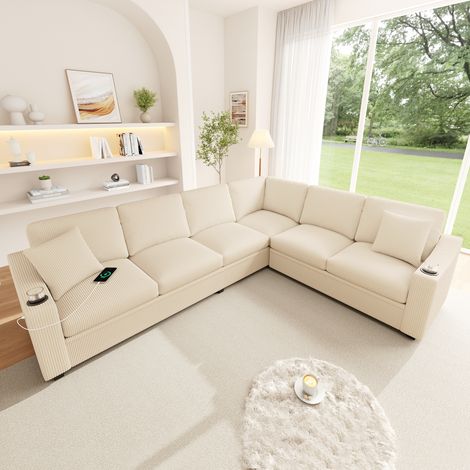 Canapé d’angle panoramique modulable 6 places 277 cm - canapé en L avec 2 porte-gobelets et USB Type-C - corduroy côtelé - 2 coussins inclus - Beige (1/5)