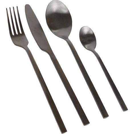 16 Piece Ensemble de Couverts en Acier Inoxydable - Noir - Manger Fourches Couteaux Cuillères Poli à Haute Brillance Métal 4-Person Table Fourchette Couteau Cuillère Set
