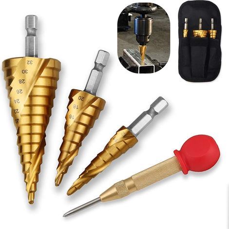 Juego de 4 brocas escalonadas HSS con revestimiento de titanio, brocas cónicas de ranura espiral, para perforar acero, latón, madera y plástico. (1/5)
