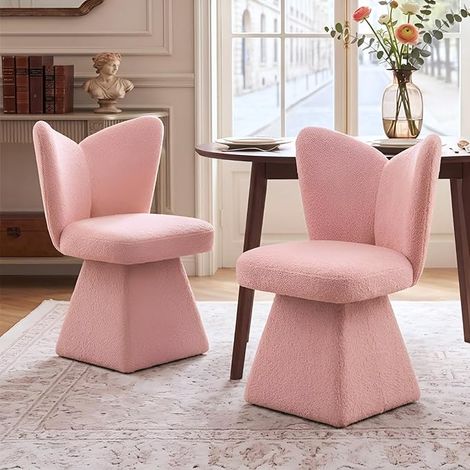 Wahson Set di 2 Sedie da Pranzo e Sedia da Trucco Imbottite Girevoli 360° con Schienale Ergonomico, Rosa