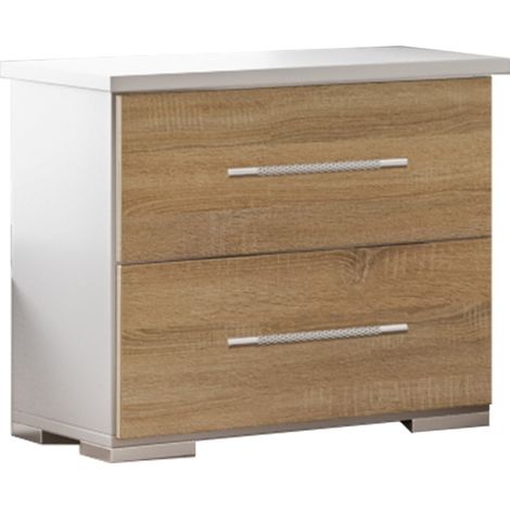Chevet 2 tiroirs bois blanc brillant et bois naturel mat Dova 49cm (1/3)