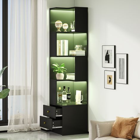 Étagère d'angle en L multifonction 45x43,5x180 cm, meuble de rangement autoportant à plusieurs niveaux, grand espace de stockage, éclairage LED pilotable par application, présentoir vertical noir. (1/5)