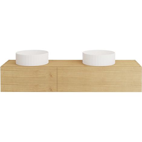 Meuble de salle de bain suspendu en bois de mindi avec double vasque à poser striée en céramique - 150 cm - TIDORE (1/4)
