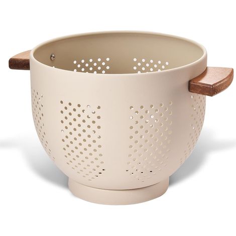 Passoire Cuisine Avec Manche en Bois et Base Stable, 29 x 22 x 18 cm, Poudre Sûr Alimentaire Enduite, Grande Passoire Métal pour Pâtes, Légumes et Fruits (jaune sable) (1/5)