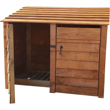 Wooden Log Store, W146xH126cm (Brown finish) With doors and With Kindling Shelf (1/2)