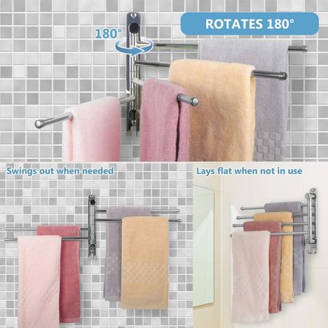 Porte-Serviettes Mural Pivotant en Inox Brossé - 4 Barres avec Support et Embout Anti-Glisse - Résistant à l'Humidité - Gris Métallisé - Idéal pour WC, Cuisine et Douche (1/4)