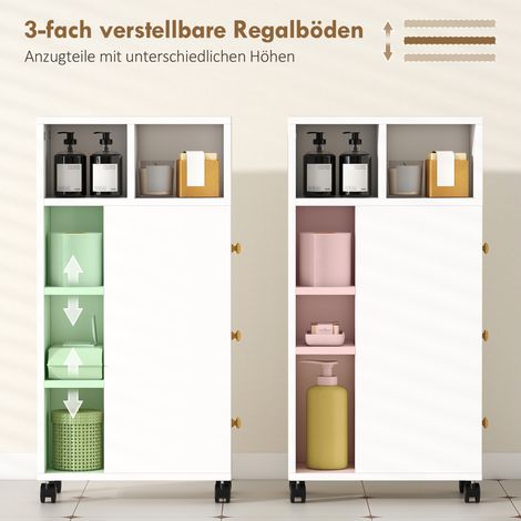 Meuble de salle de bain étroit, armoire de toilette avec 4 roulettes, 3 tiroirs, 5 étagères ouvertes, 20x40x80cm, blanc (1/5)