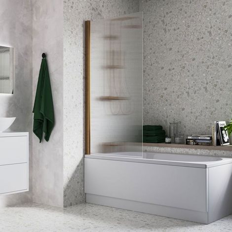 Signature Fluted Single Brushed Bronze Square Hinged Bath Screen 1500mm High x 800mm Wide - 5mm Glass