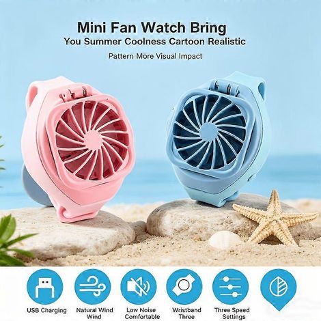 Set di 2 ventilatori da polso (rosa e blu), 3 velocità, rotazione a 150°, mini ventilatore portatile con orologio, regalo ideale per le coppie in estate.
