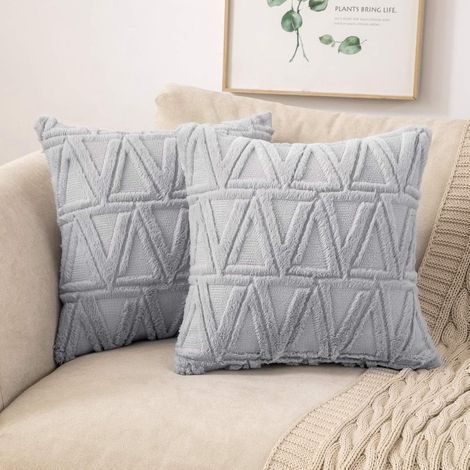Lot De 2 Housses De Coussins Tissu Laine Artificielle Et Polyester Motif Triangle Moderne Doux Lisse Confortable Taie D'oreiller À Salon Chambre Canapé 45x45cm Gris Clair (1/5)