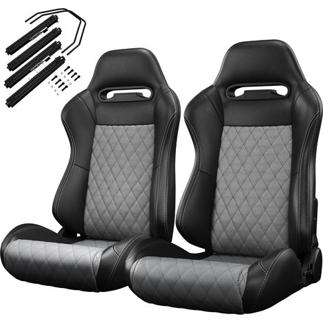 Lot de 2 sièges baquet universels racing couture Gris/Noir, simili cuir PVC Gris/Noir, dossier carbone inclinable avec glissière de réglage (sans support de siège) 2 pièces
