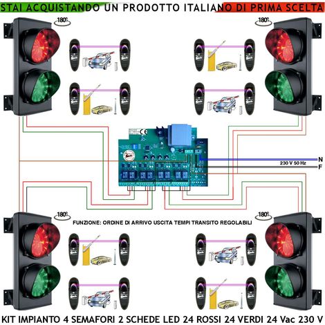 Semaforo Garage 4 Livelli Kit Semafori 2 Luci 24 Led Rossi e 24 Verdi 24 Vac IP65 Centrale Con Tempi di Percorrenza Regolabili da 0,5 a 3 Minuti Controllo Ordine di Arrivo Con 8 Coppie di Fotocellule (1/4)