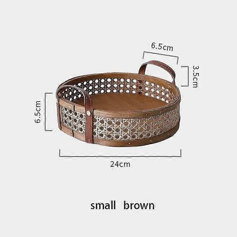 Antikes rundes Rattan-Tablett, handgeflochtener Aufbewahrungskorb, nordisches Weidenkorb-Tablett mit Griff, Dessertkorb für Obst, Kuchen, Brot und Snacks – S braun