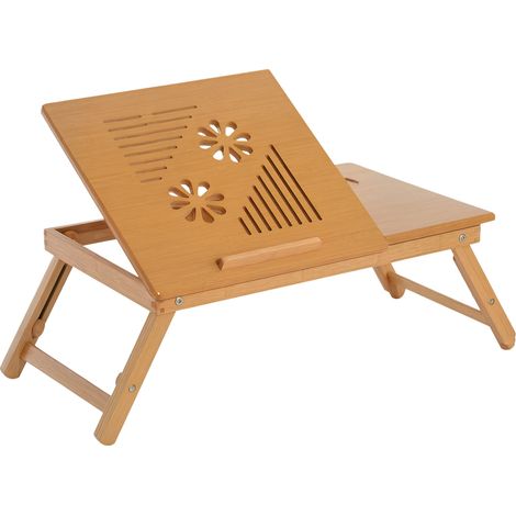 Table de lit - HOMCOM - plateau ordinateur inclinable pliable réglable hauteur tiroir - bambou - 55x35x22-32,5cm - naturel