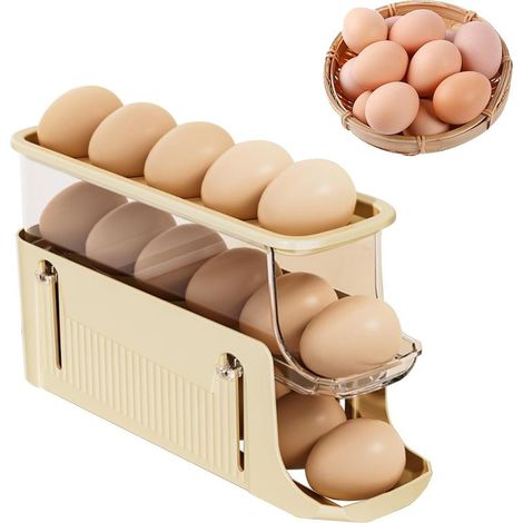 Porte-œufs pour réfrigérateur, glissière à œufs pour réfrigérateur, distributeur automatique d'œufs à roulement, 3 niveaux pour 17 œufs (beige) (1/5)