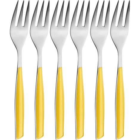 Lot de 6 fourchettes à Dessert en Acier Inoxydable 18/10 et poignée Jaune, emballé dans Une boîte Cadeau, va au Lave-Vaisselle (1/4)