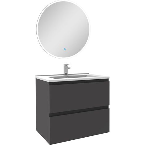 Ensemble meubles Salle de Bain Anthracite 60cm simple vasque + miroir lumineux rond