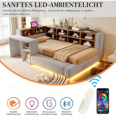 Lit plateforme rembourré 90x200 cm, avec housse matelassée, rangements à plusieurs niveaux, éclairage LED, prises intégrées dans la tête, table d'appoint, dossier capitonné, gris clair (1/5)