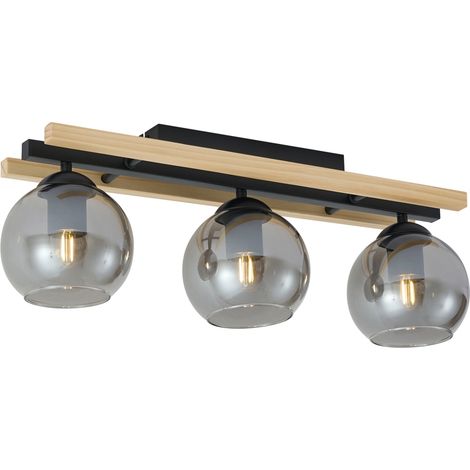 QAZQA Plafoniera smart nera con legno e vetro fumé 3 luci incl.