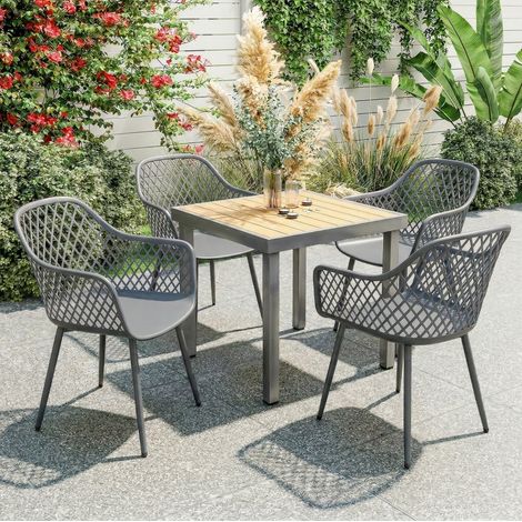 Lot de 4 chaises de jardin avec accoudoirs, dossier et piètement métal, 56 x 51 x 84 cm, gris foncé (1/5)