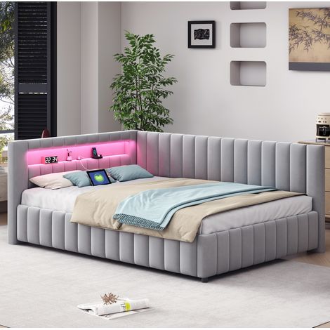 Cama tapizada en L 140x200 cm de terciopelo gris con cabecero, respaldo, somier de láminas, LED y USB (1/5)