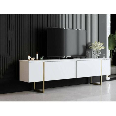 Dmora - Mobile porta TV Abishia, Credenza da soggiorno, Armadio basso per TV, Base parete attrezzata, 180x30h50 cm, Bianco e Oro (1/5)